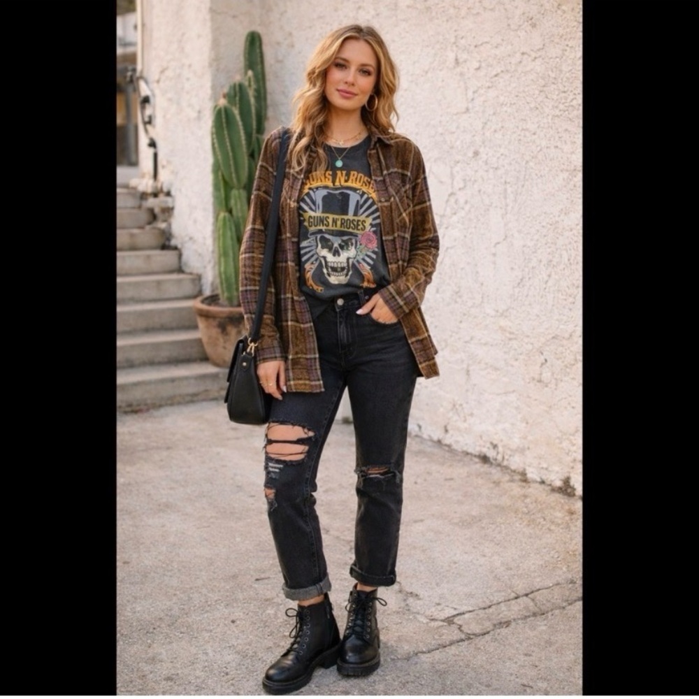 MYSTREE Boutique Brown Plaid Washed Flannel Top - Picture 2 of 10